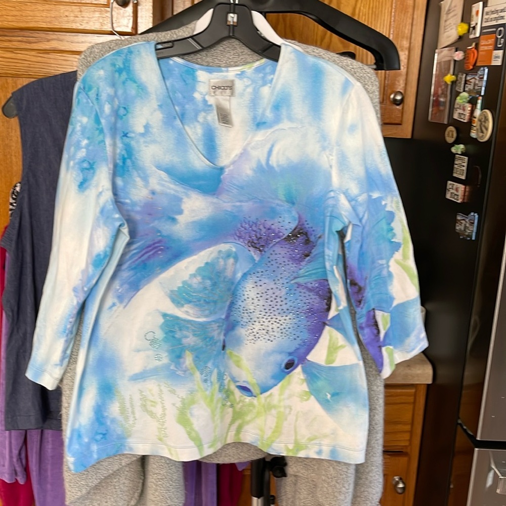 Chico's Blue Fish-Print V-Neck Women's Top